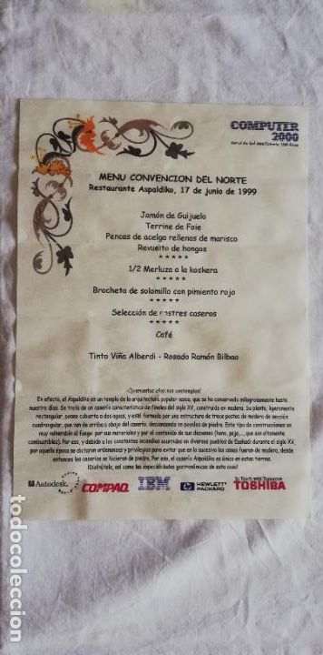 Coleccionismo: ANTIGUO MEN&Uacute; / OLD MENU: CONVENCI&Oacute;N DEL NORTE RESTAURANTE ASPALDIKO