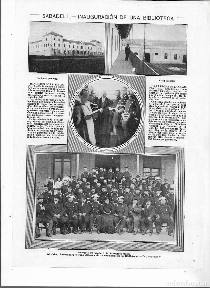 Colecionismo: A&Ntilde;O 1913 RECORTE PRENSA SABADELL INAUGURACION DE LA BILBIOTECA Y MUSEO CASA CUARTEL GUARDIA CIVIL