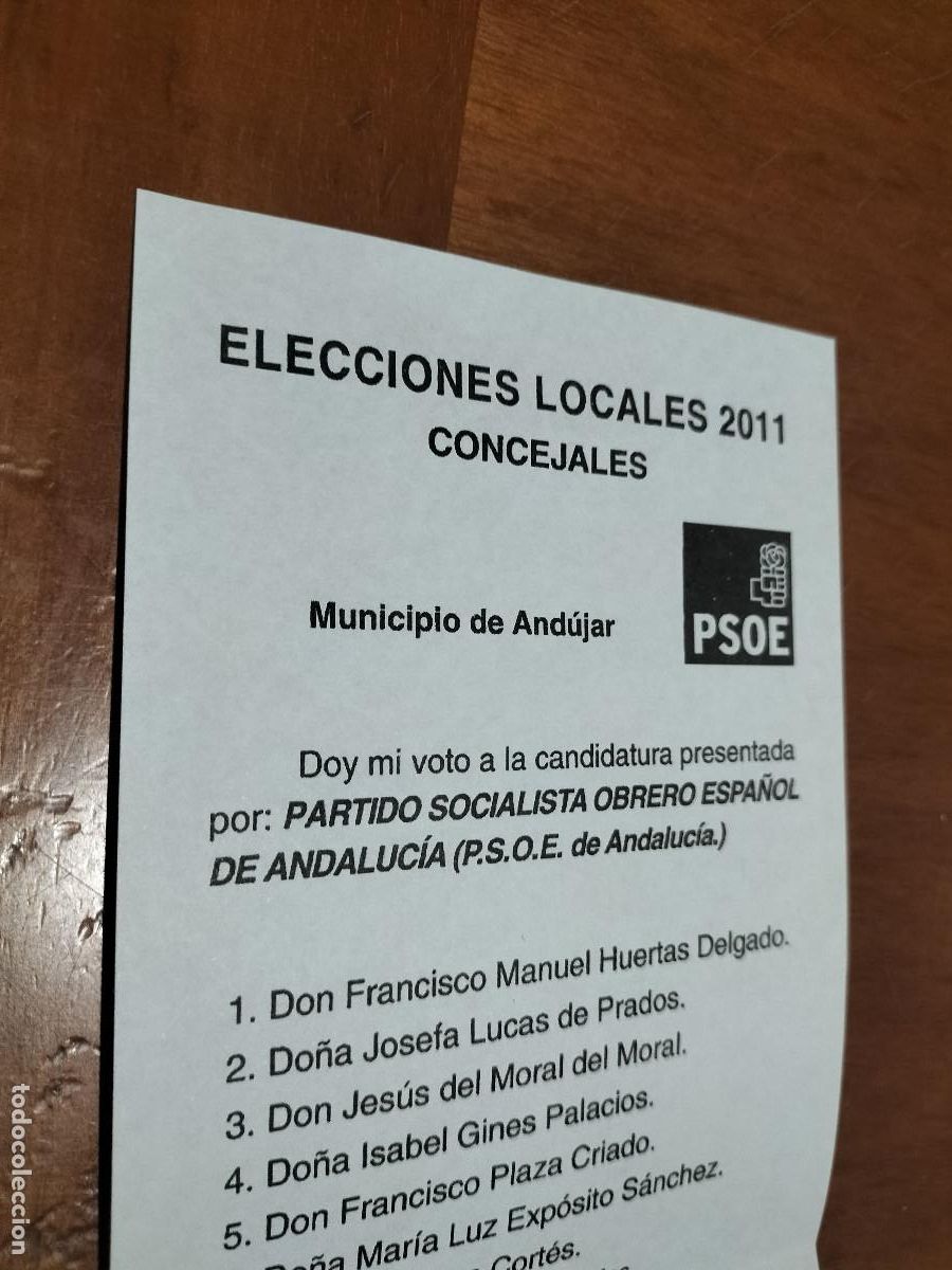 Sammelleidenschaft Papier: PAPELETA ELECCIONES LOCALES 2011. PSOE. ANDUJAR. DOBLADA. BUEN ESTADO. DIFICIL. C-2