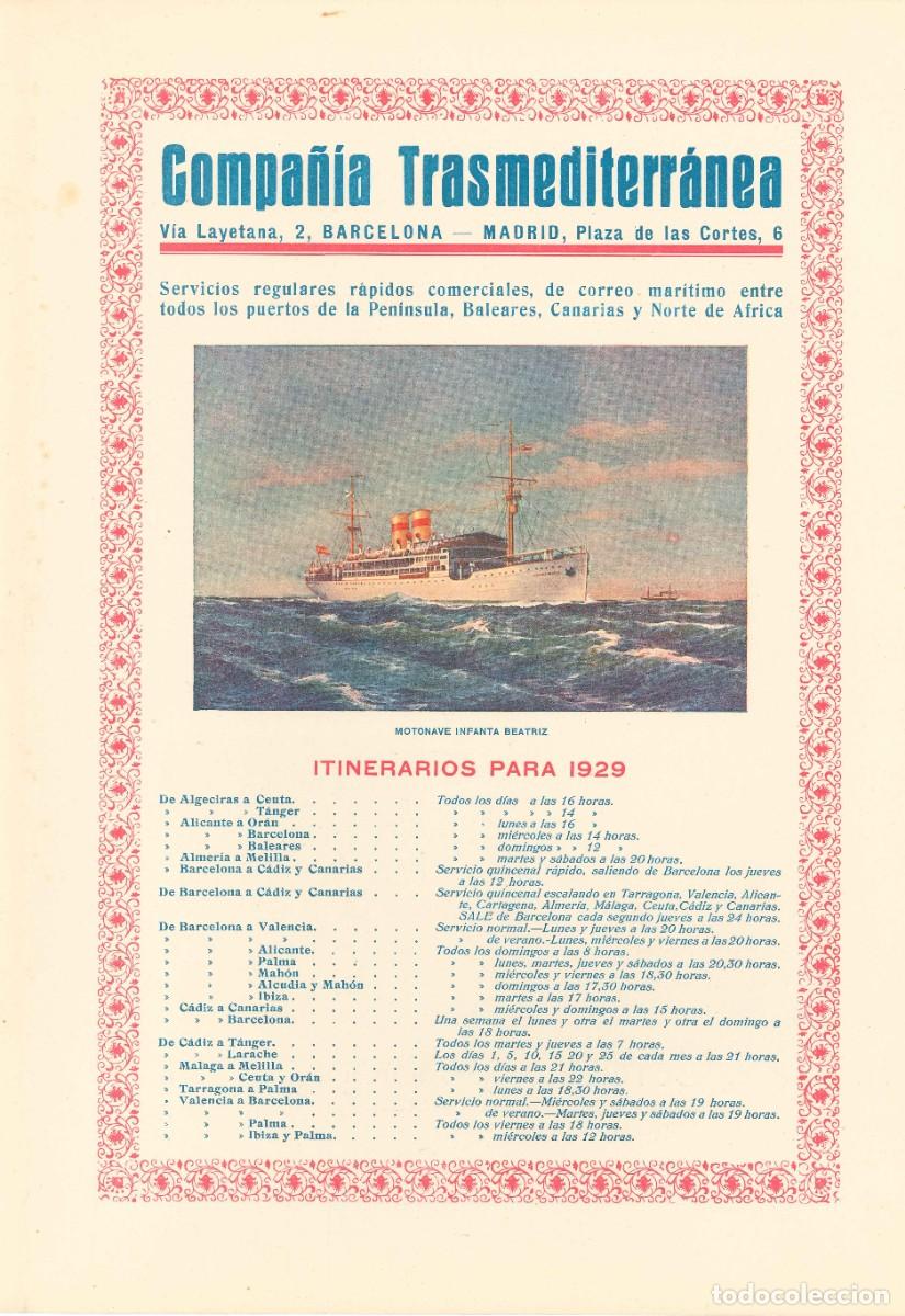 Coleccionismo: PUBLICIDAD- COMPA&Ntilde;&Iacute;A TRASMEDITERR&Aacute;NEA. ITINERARIOS PARA 1929. POL, CARDONA Y PLAT&Oacute;N. BARCELONA