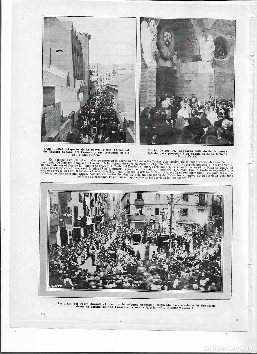 Colecionismo: A&Ntilde;O 1913 RECORTE PRENSA BARCELONA INAUGURACION DE LA IGLESIA DEL CARMEN PRIMERA MISA PLAZA DEL PADRO