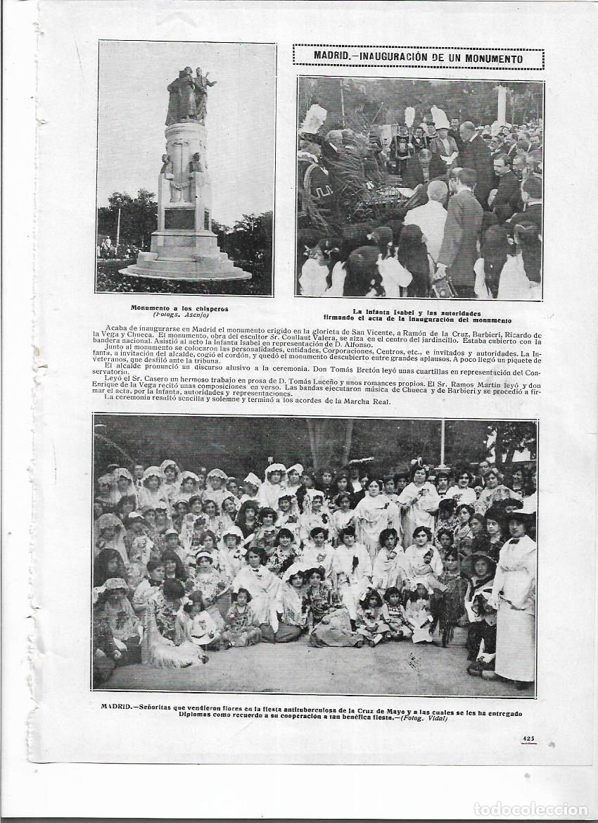 Colecionismo: A&Ntilde;O 1913 RECORTE PRENSA MADRID INAUGURACION MONUMENTO A LOS CHISPEROS ESCULTURA COULLAUT VALERA