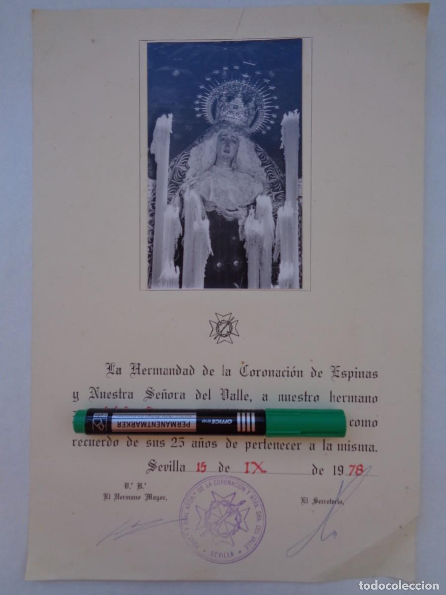 Coleccionismo: SEMANA SANTA DE SEVILLA : DIPLOMA HERMANA 25 A&Ntilde;OS, CORONACION ESPINA Y N.S. VALLE 1978. CON FOTO