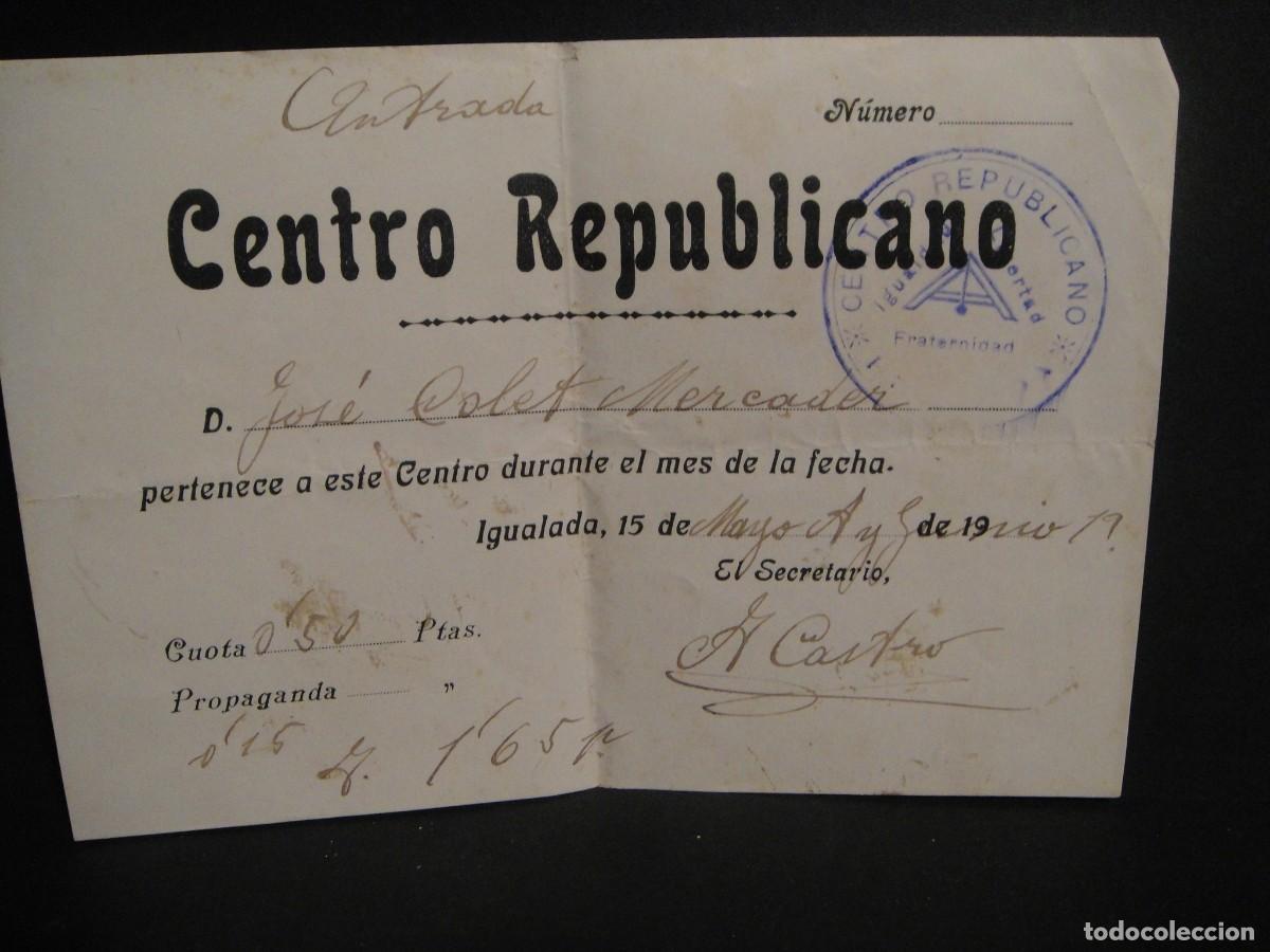 Coleccionismo: recibo del centro republicano de igualada - a&ntilde;o 1919