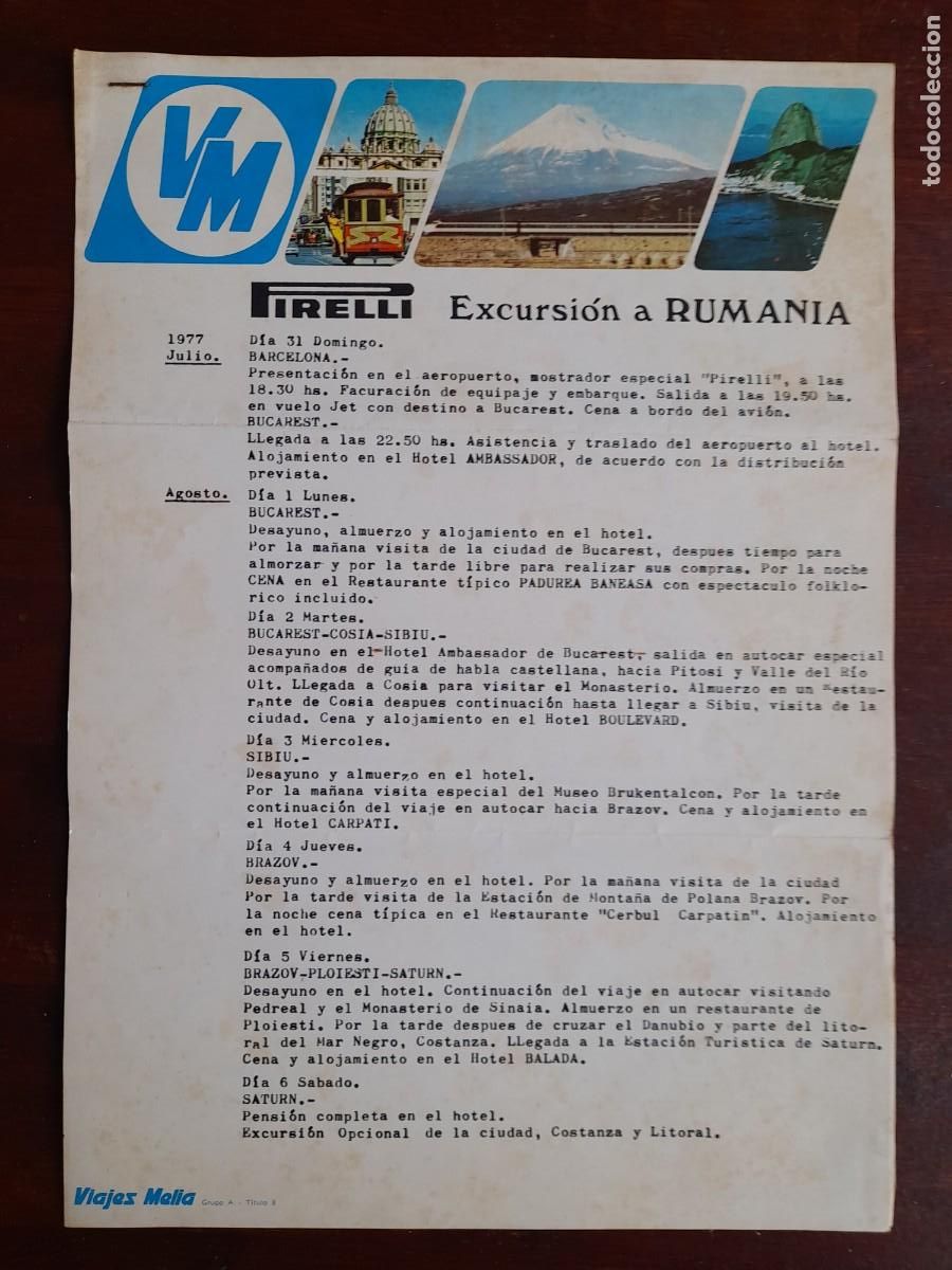 Collezionismo: Programacion excursi&oacute;n a Rumania trabajadores de Pirelli, Cornella de Llobregat verano 1977