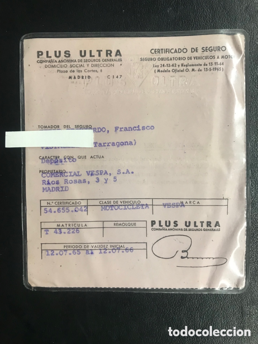 Coleccionismo: CERTIFICADO DE SEGURO PLUS ULTRA. 1965 - Foto 1