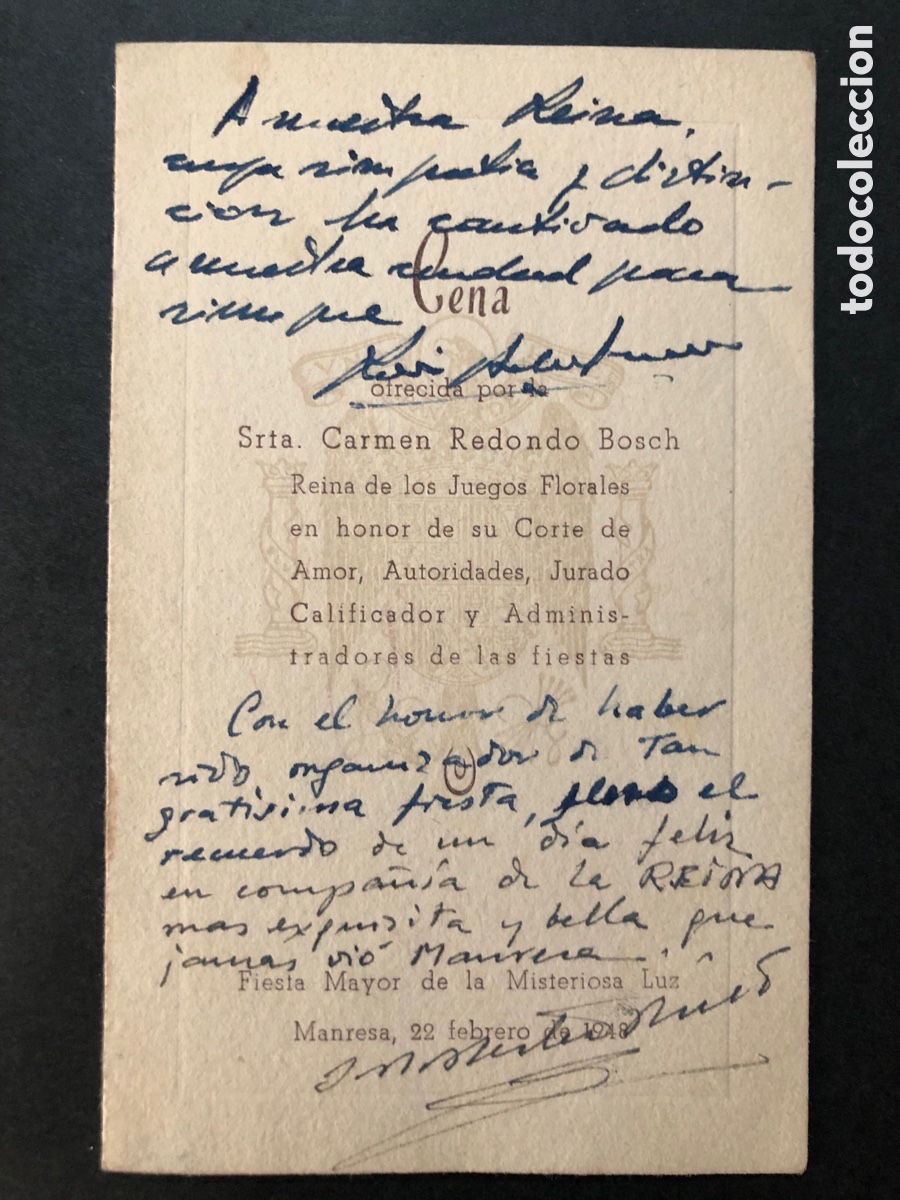 Coleccionismo: Men&uacute; hotel S Domingo Manresa 1948 cena honor reina juegos florales fiesta mayor de la misteriosa luz