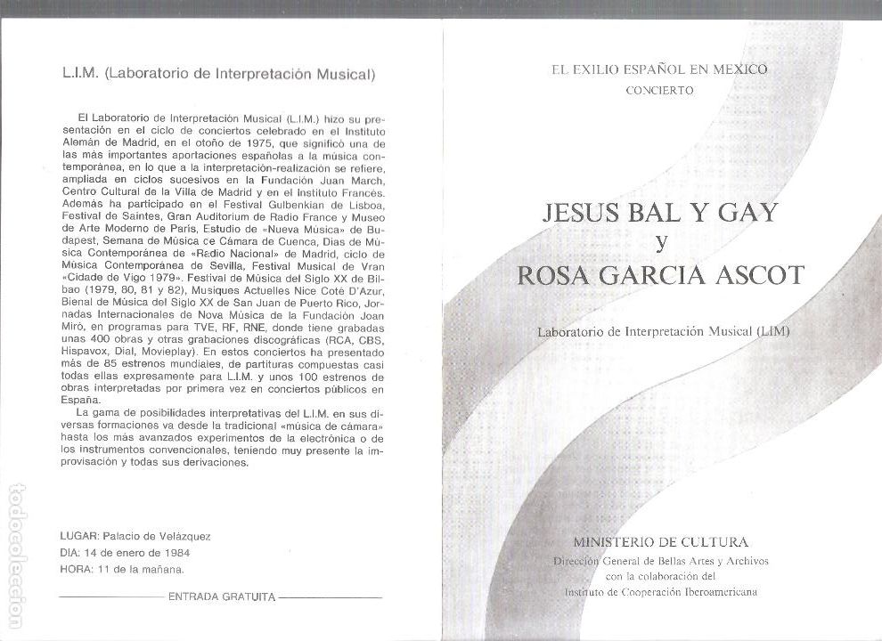 Coleccionismo: Jesus Bal y Gay y Rosa Garc&iacute;a Ascot. Laboratorio interpretaci&oacute;n musical (LIM).Enero 1984. Palacio de