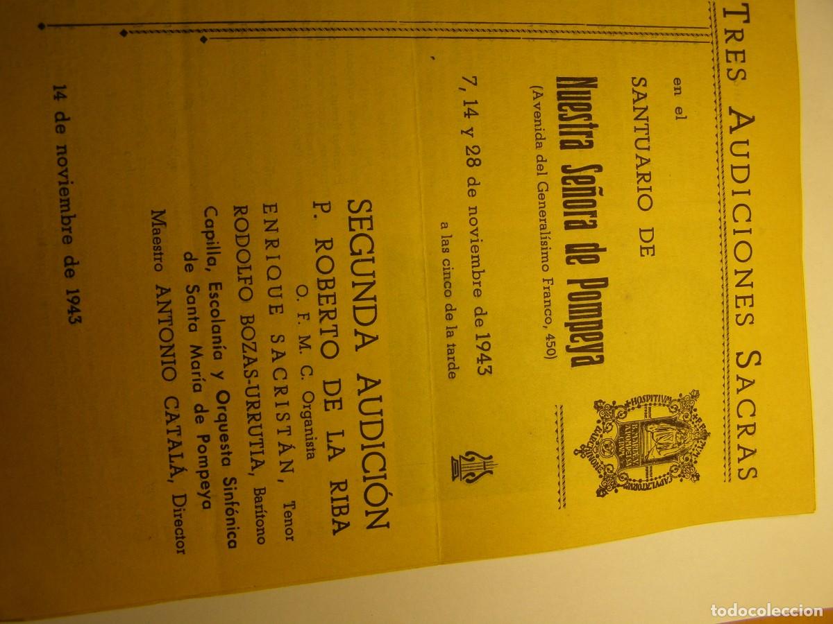 Coleccionismo: Prospecto de audiciones sacras en el santuario de N&ordf; S&ordf; de Pompeya, 1943, Barcelona.