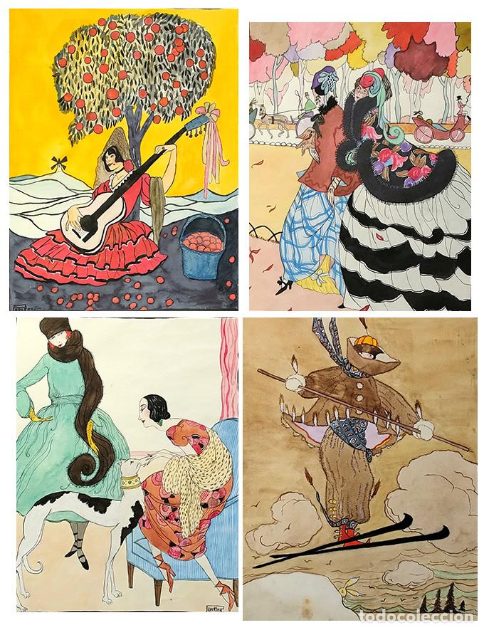 Coleccionismo: Mujer elegante. 4 dibujos a acuarela y tinta. A mano, no impresos. De 1920-1930 aprox.