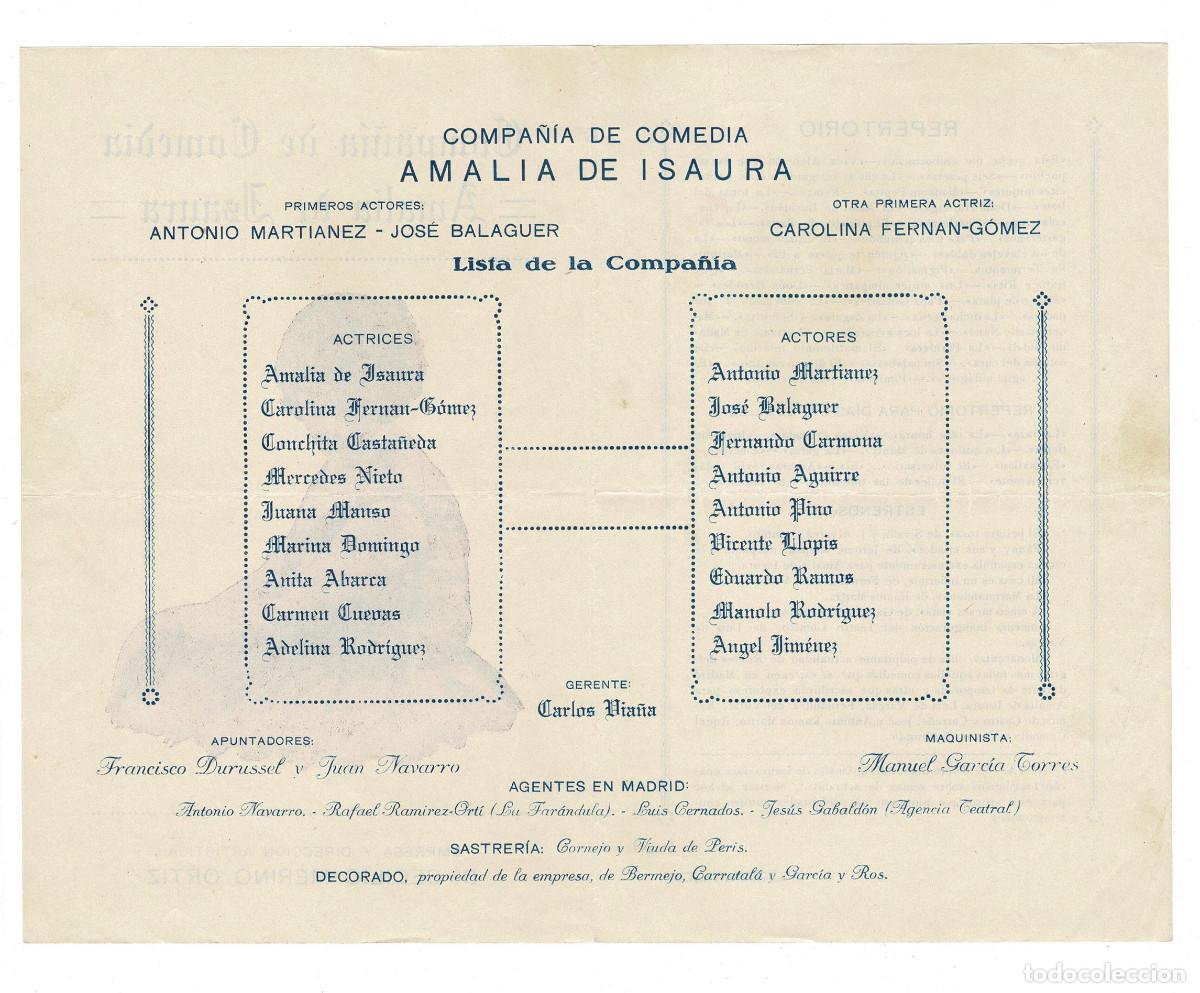 Coleccionismo: PROGRAMA COMPA&Ntilde;&Iacute;A DE COMEDIA AMALIA DE ISAURIA. MADRID. IMPRENTA CAVA BAJA 17. - Foto 2