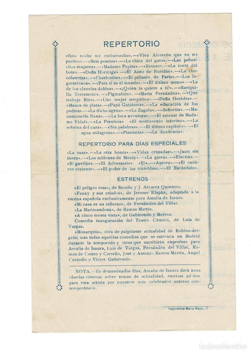 Coleccionismo: PROGRAMA COMPA&Ntilde;&Iacute;A DE COMEDIA AMALIA DE ISAURIA. MADRID. IMPRENTA CAVA BAJA 17. - Foto 3