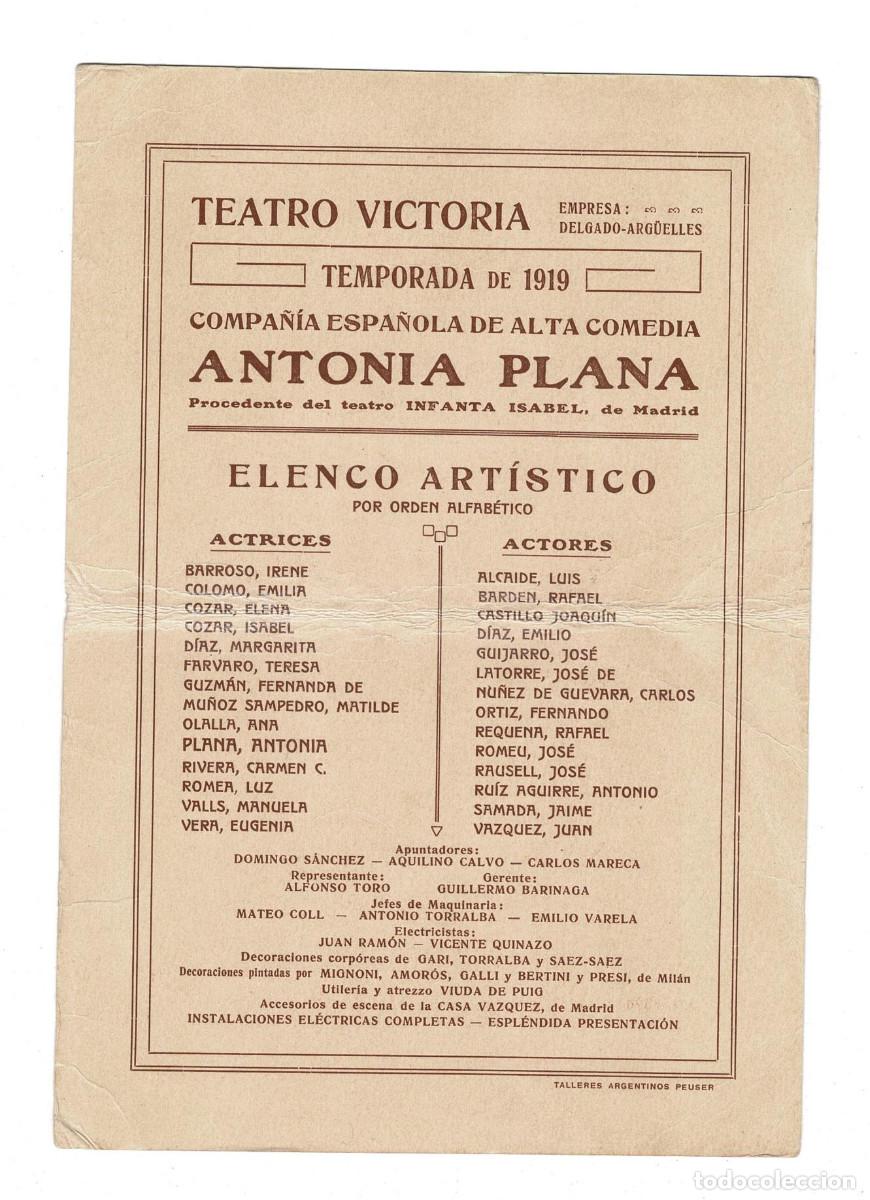 Coleccionismo: PROGRAMA TEATRO VICTORIA. 1919. ANTONIA PLANA. - Foto 2