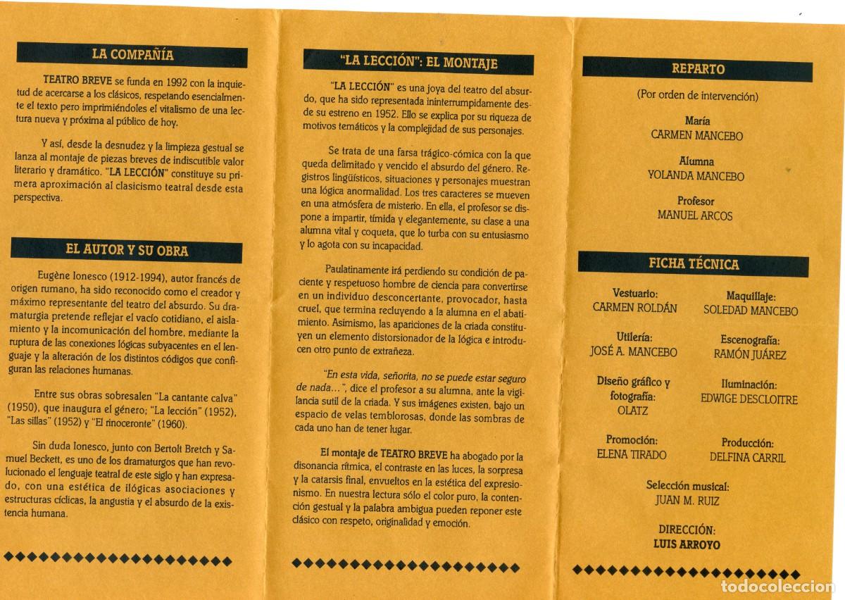 Coleccionismo: Programa de mano &rdquo;La Lecci&oacute;n&rdquo; de E. Ionesco Centro Cultural de La Villa, Madrid 1994 - Foto 3