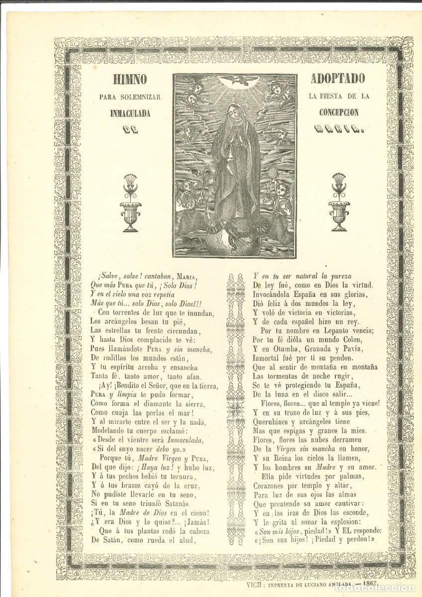 Coleccionismo: HIMNO ADOPTADO PARA SOLEMNIZAR LA FIESTA DE LA INMACULADA CONCEPCI&Oacute;N DE MARIA. ANGLADA. VICH. 1863