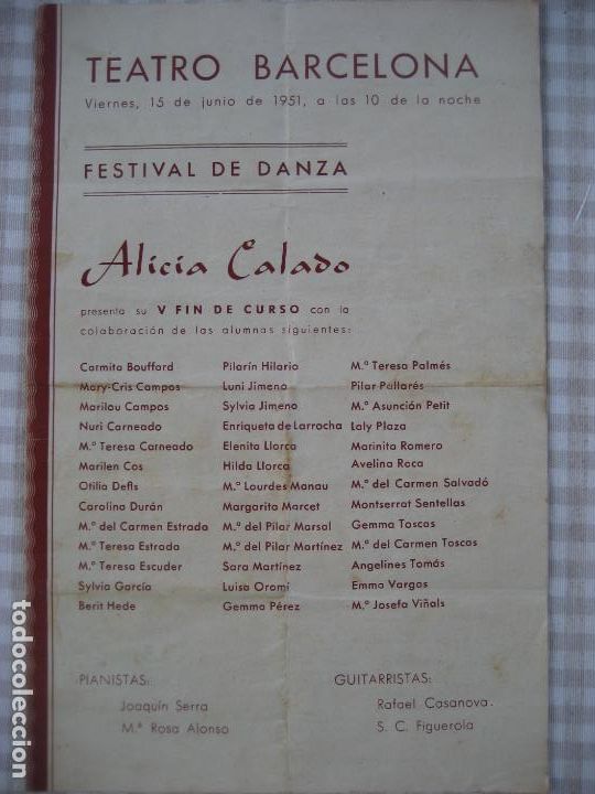 Coleccionismo: Teatro Barcelona. 1951. Festival de Danza, Alicia Calado.