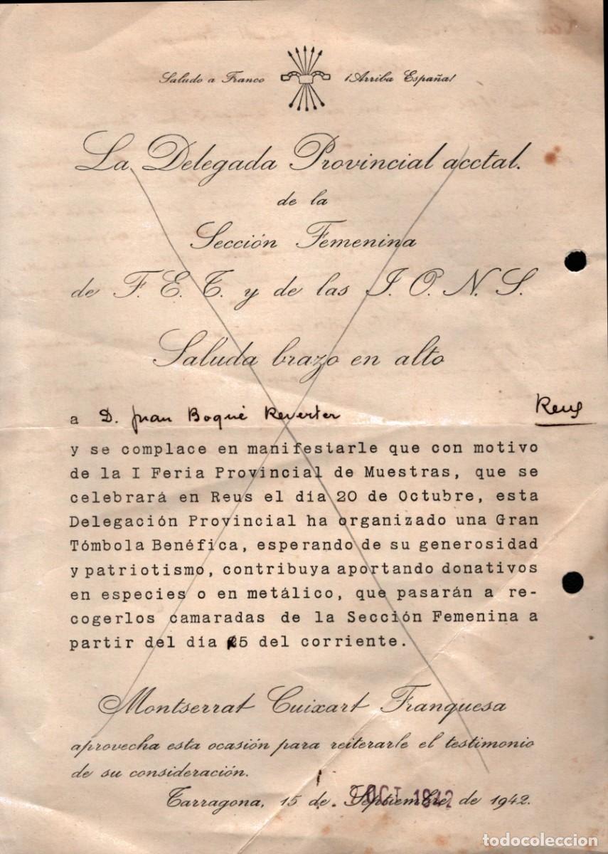 Coleccionismo: documento secci&oacute;n femenina de F.E.T. y J.O.N.S. Tarragona 1942