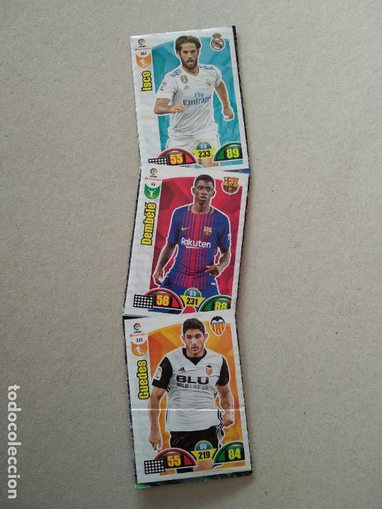 Coleccionismo: CART&Oacute;N PUBLICIDAD CROMO FUTBOL PANINI ADRENALYN 17-18 ISCO DEMBELE GUEDES 2017-2018