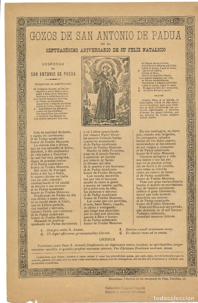 Coleccionismo: GOZOS DE SAN ANTONIO DE PADUA. LIBRER&Iacute;A DE LOS SUCESORES DE FONT. BARCELONA. SIGLO XIX