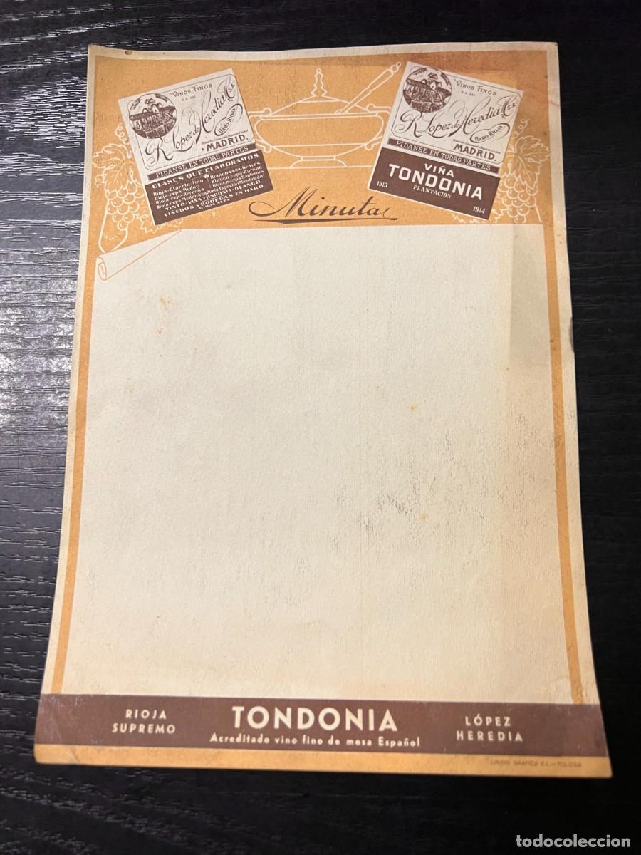 Coleccionismo: MINUTA. LOPEZ HEREDIA. VI&Ntilde;A TONDONIA. RIOJA SUPREMO. MEDIDAS APROX.: 23 X 16 VER