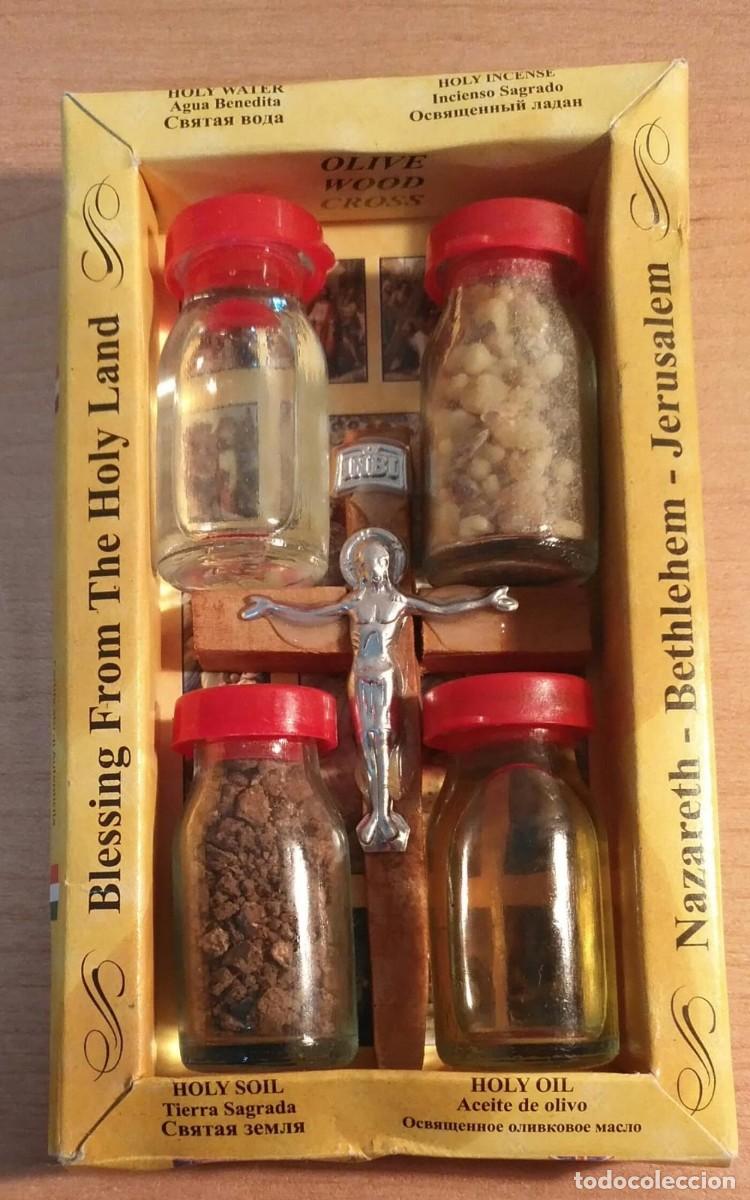 Colecionismo: Caja / Estuche con cruz y 4 elementos - Bendici&oacute;n de la Tierra Santa - Recuerdo Jerusal&eacute;n - Original