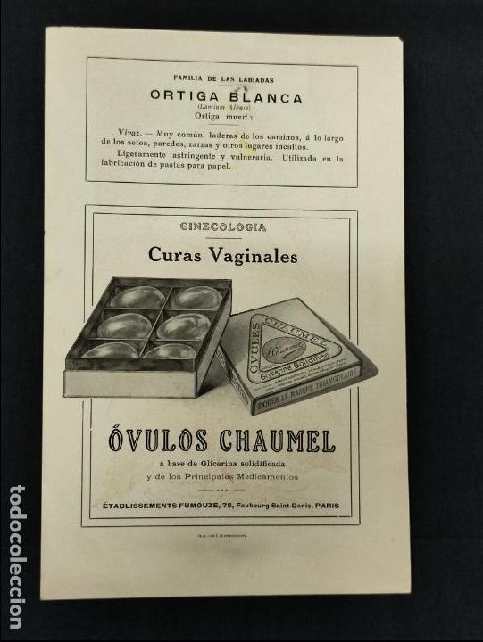 Collezionismo: LAMINA PUBLICIDAD - CURAS VAGINALES - OVULOS CHAUMEL - ORTIGA BLANCA - GRABADO N&ordm; 1 -