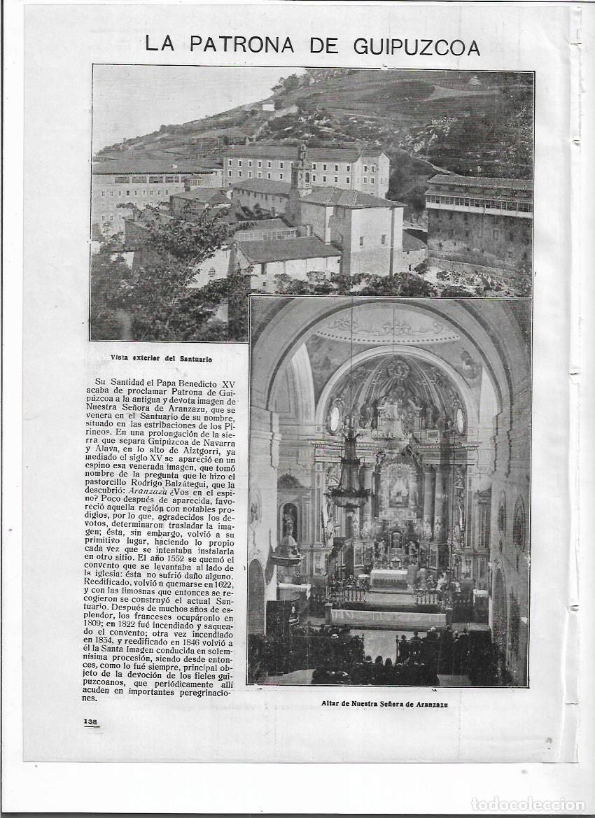 Colecionismo: A&Ntilde;O 1918 RECORTE PRENSA MONASTERIO SANTUARIO NUESTRA SE&Ntilde;ORA ARANZAZU ALTAR PATRONA GUIPUZCOA