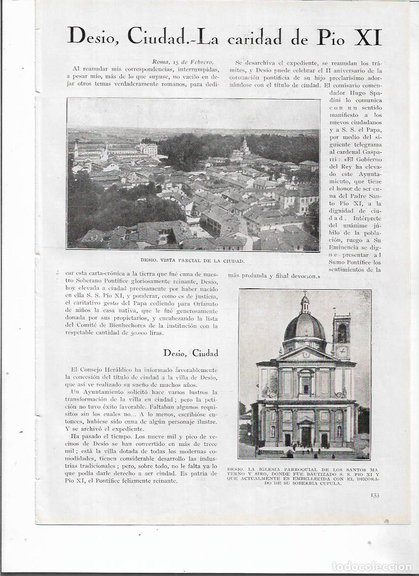 Coleccionismo: A&Ntilde;O 1924 RECORTE PRENSA CIUDAD DE DESIO CASA NATAL DEL PAPA PIO XI ORFANATO PILA BAUTISMAL