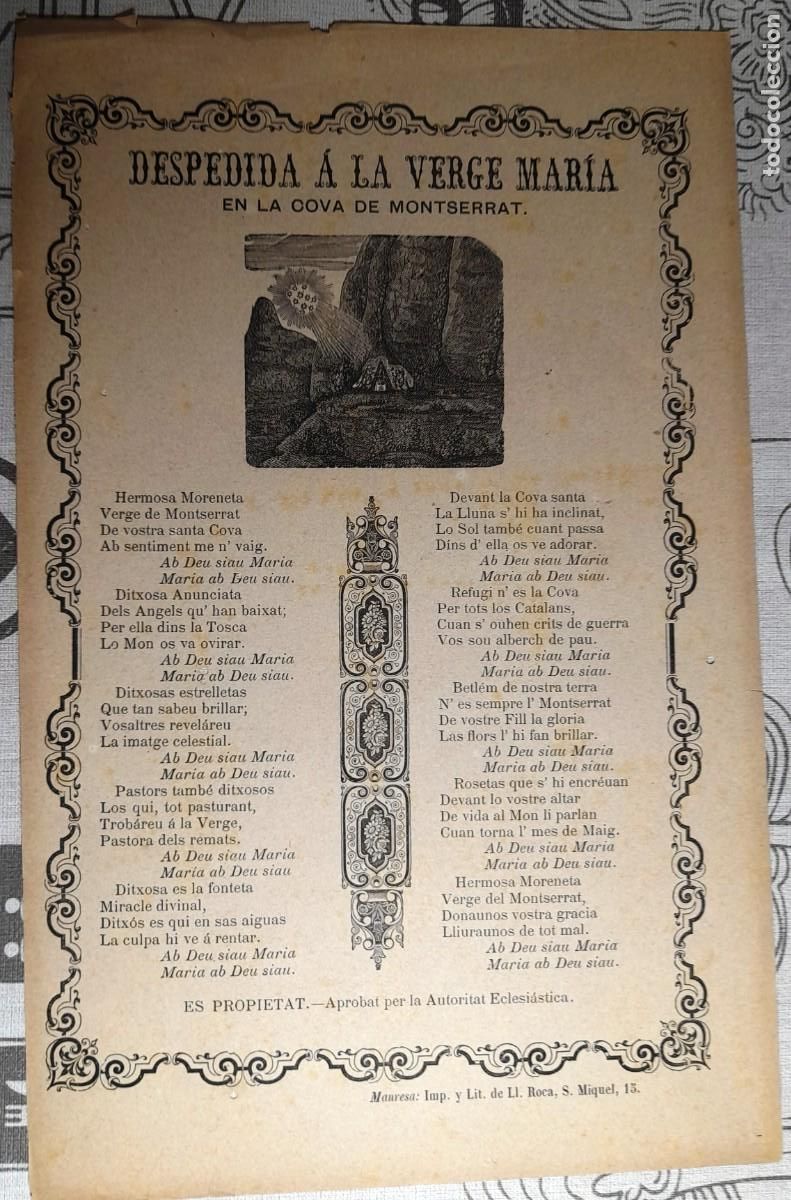Coleccionismo: inicios XX&iquest;? DESPEDIDA &Aacute; LA VERGE MAR&Iacute;A EN LA COVA DE MONTSERRAT - FORMAT DE GOIGS