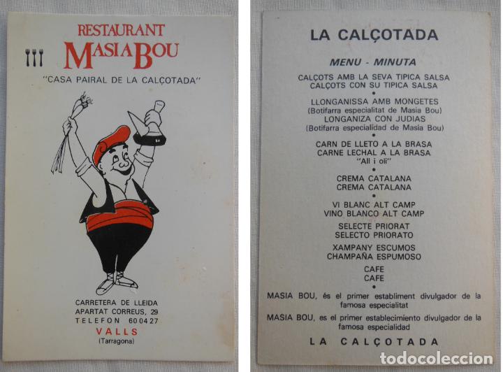 Collezionismo: Tarjeta Publicidad - Advertising Card. RESTAURANT MASIA BOU. Valls. La Cal&ccedil;otada, Menu.