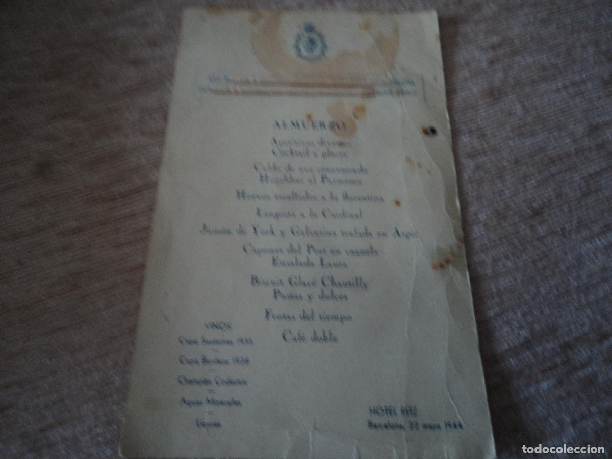 Coleccionismo: carta de menu, enlace en el hotel ritz de barcelona 1944