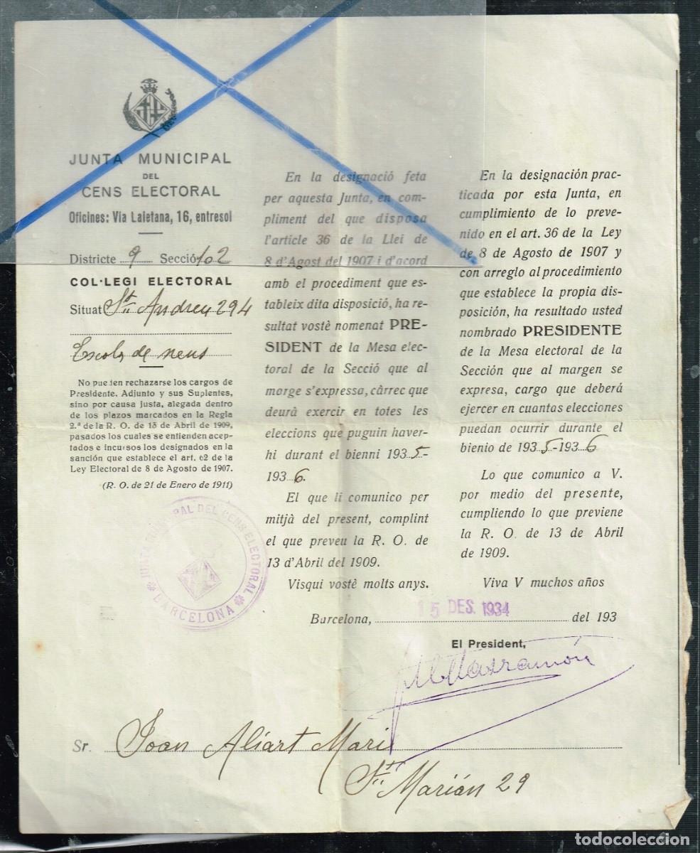 Coleccionismo: 1934 BARCELONA CATAL&Agrave; Y CASTELLANO DESIGNACI&Oacute; BIENNI 35/36 PRESIDENT MESA COL.LEGI ELECTORAL Sr.....
