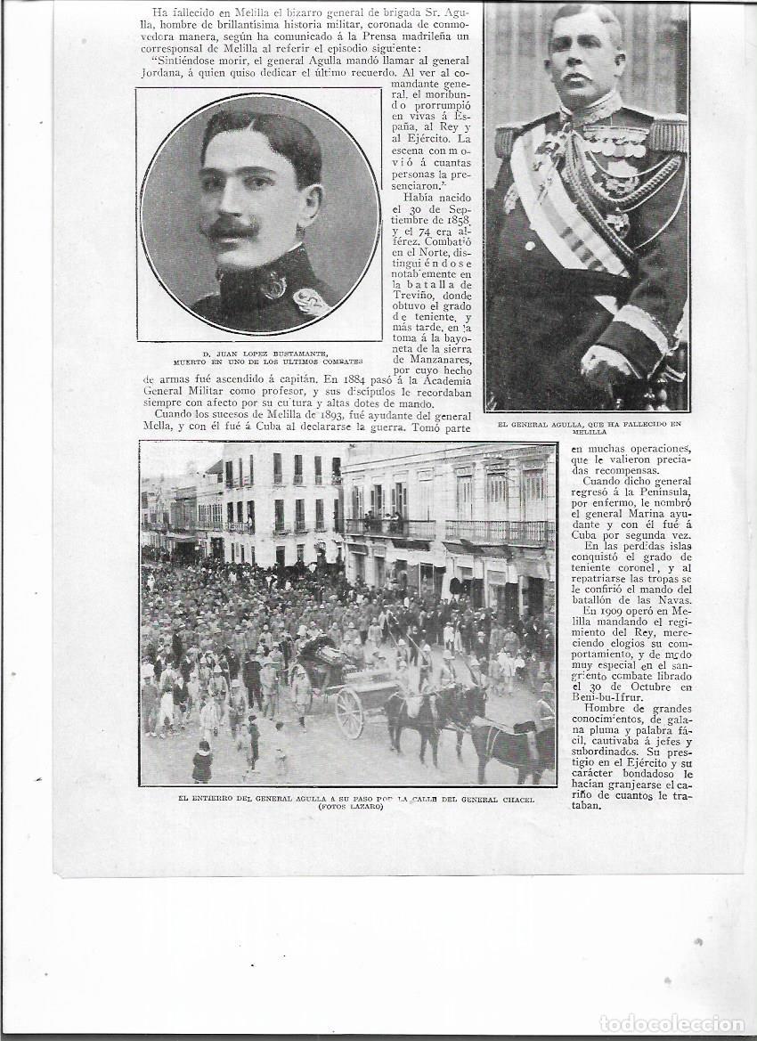 Coleccionismo: A&Ntilde;O 1913 RECORTE PRENSA ENTIERRO GENERAL AGULLA MUERTO EN MELILLA COMITIVA FUNEBRE PASO CALLE CHACEL