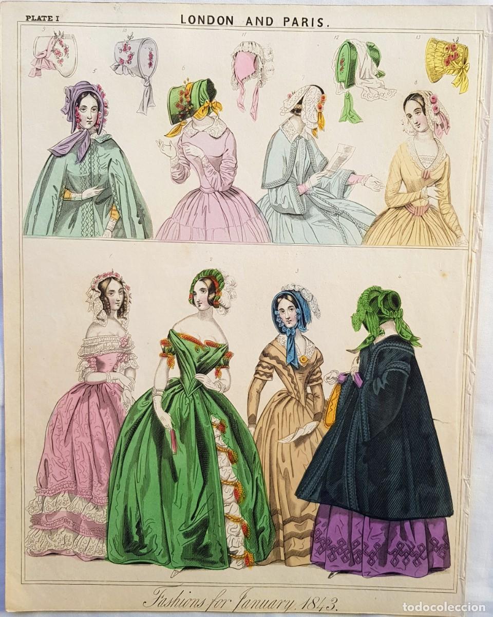 Coleccionismo: Fashion plate I. Fashions for January, 1843. Coloreada a mano.