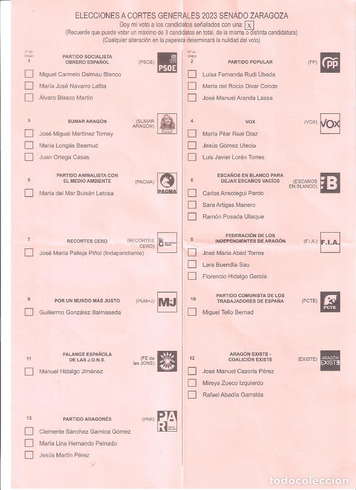 Collectionnisme: Elecciones a Cortes Generales 2023. Senado. Zaragoza. Papeleta.