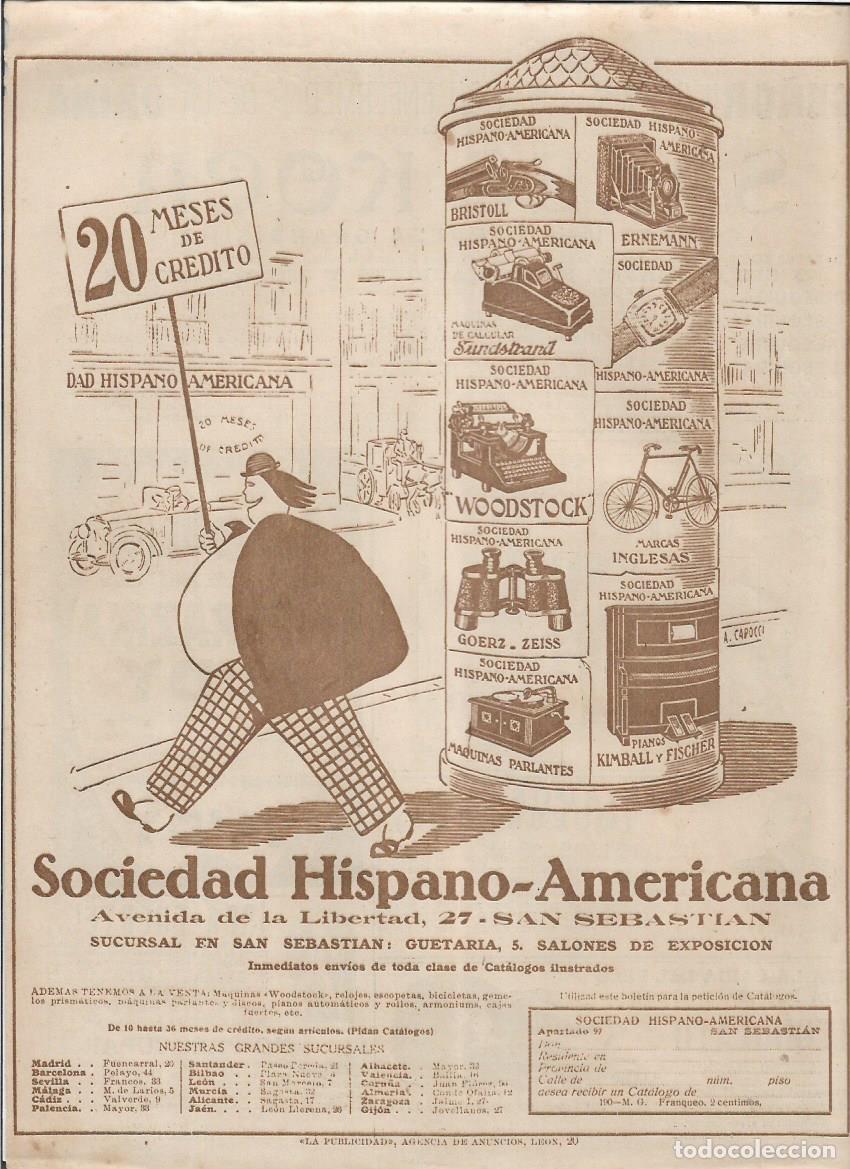 Collezionismo: A&Ntilde;O 1925 RECORTE PRENSA PUBLICIDAD SOCIEDAD HISPANO AMERICANA SAN SEBASTIAN CREDITO