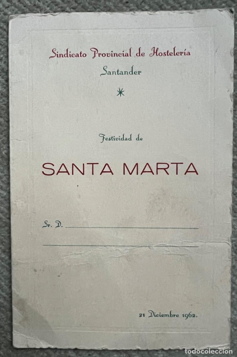 Coleccionismo: Men&uacute; banquete Sindicato Provincial de Hosteler&iacute;a - Santander - Festividad de Santa Marta - A&ntilde;o 1962