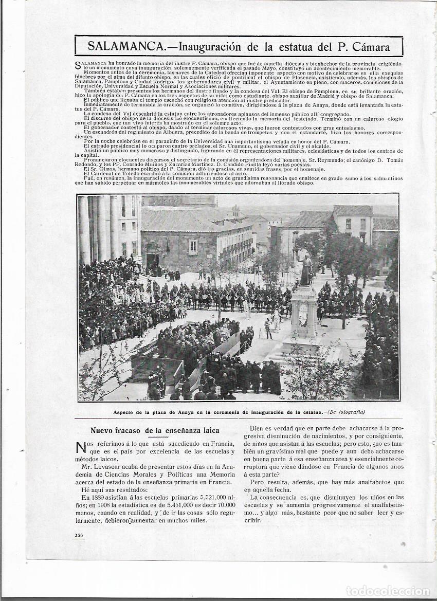 Sammelleidenschaft Papier: A&Ntilde;O 1910 RECORTE PRENSA SALAMANCA INAUGURACION MONUMENTO ESTATUA OBISPO CAMARA PLAZA ANAYA