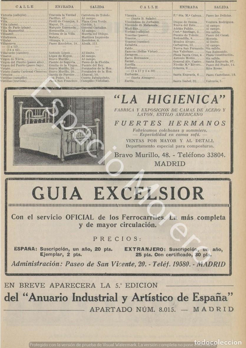 Coleccionismo: Publicidad de 1930 Madrid: Fabrica de camas La higienica. Guia excelsior de ferrocarriles