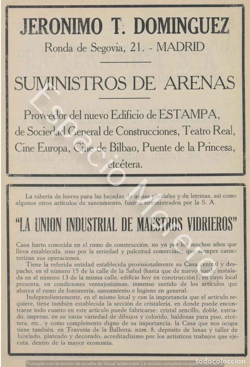 Collecting paper: Publicidad de 1930 Madrid: Arenas Jeronimo T. Dominguez. Union industrial de maestros vidrieros