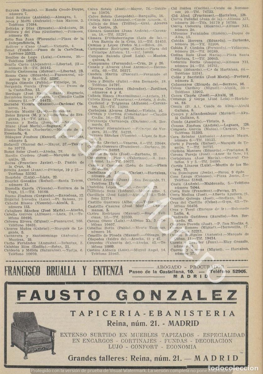 Coleccionismo: Publicidad de 1930 Madrid: Abogado Francisco Brualla y Entenza. Tapiceria Fausto Gonzalez