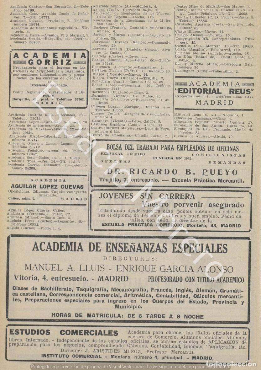 Coleccionismo: Publicidad de 1930 Madrid: Academias. Bolsa de trabajo. Escuela de comercio. Estudios comerciales
