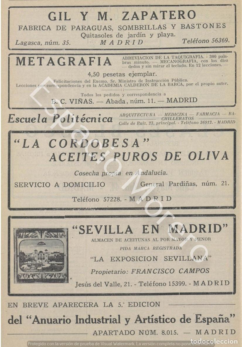 Collecting paper: Publicidad de 1930 Madrid: Fabrica de paraguas. Metagrafia. Escuela politecnica. Aceite de oliva