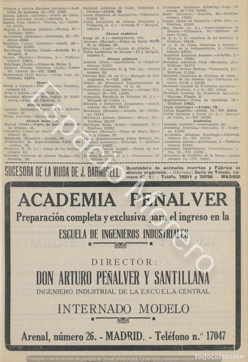 Coleccionismo: Publicidad de 1930 Madrid: Quemadero animales Sucesores de viuda Barnosell. Academia Pe&ntilde;alver