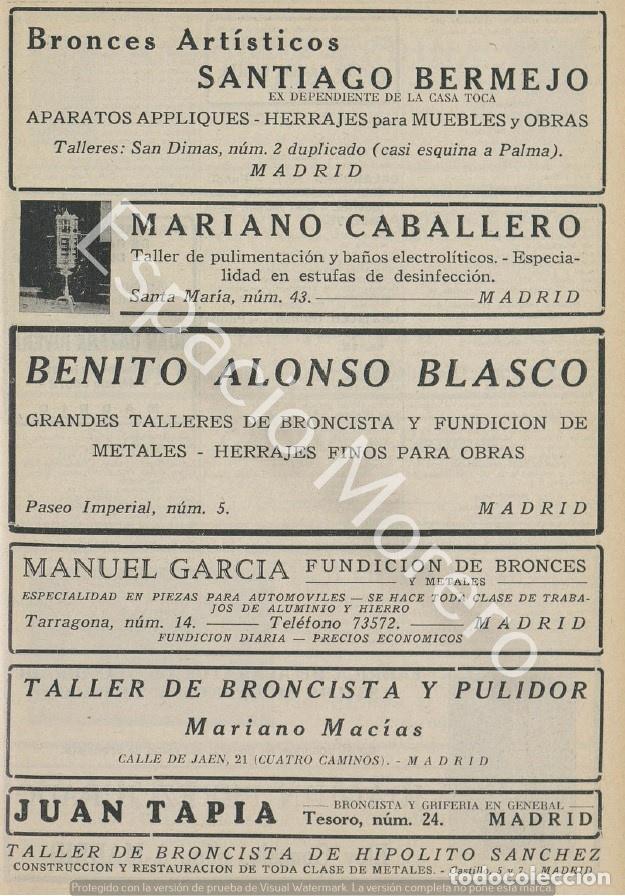 Coleccionismo: Publicidad de 1930 Madrid: Bronces Santiago Bermejo. Taller Mariano Caballero. Benito Alonso Blasco