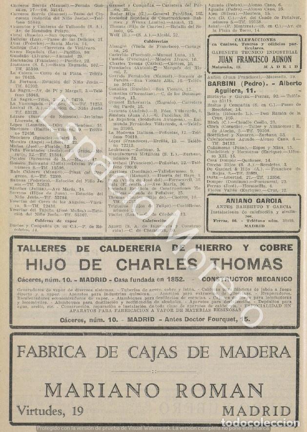 Coleccionismo: Publicidad de 1930 Madrid: Caldereria hijo de Charles Thomas. Fabrica de cajas Mariano Roman.