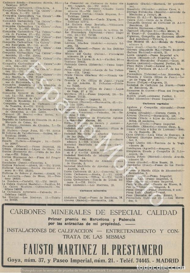 Coleccionismo: Publicidad de 1930 Madrid: Fausto Martinez H. Prestamero carbones