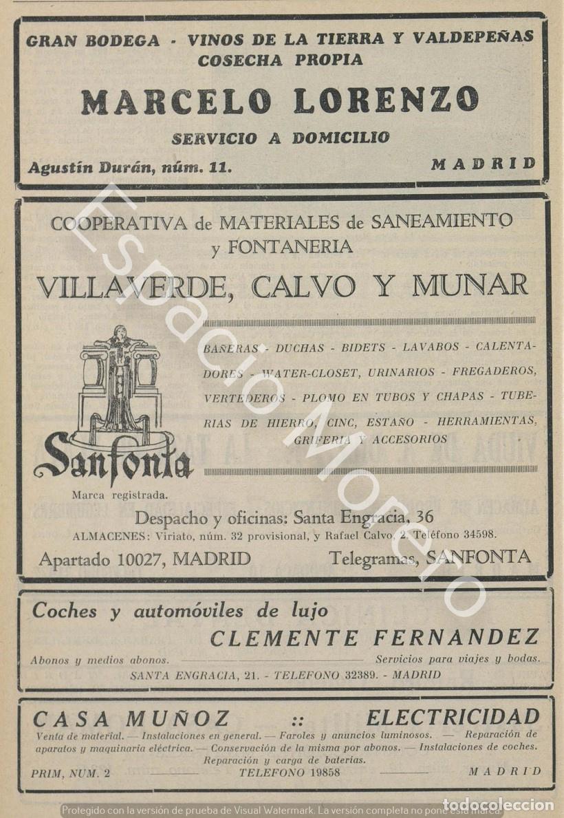 Coleccionismo: Publicidad de 1930 Madrid: Vinos. Saneamiento y fontaneria. Coches de lujo. Electricidad