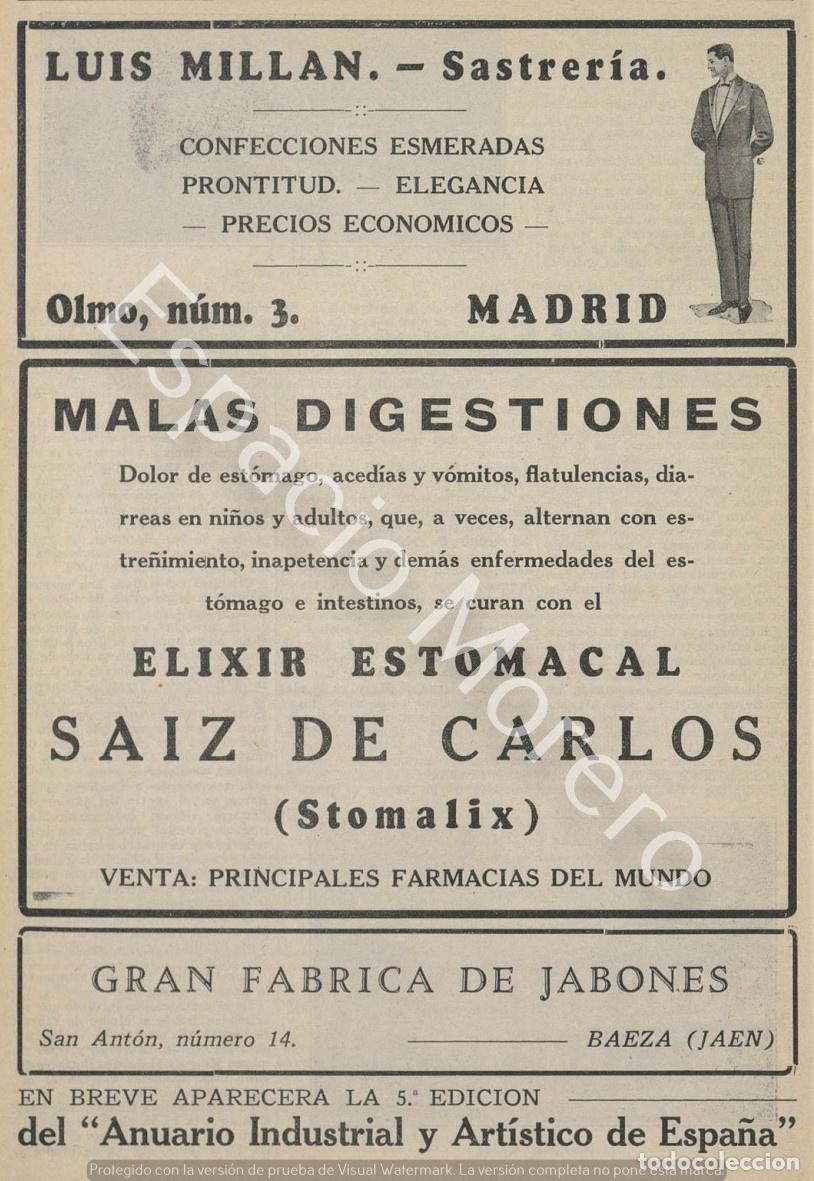 Coleccionismo: Publicidad de 1930 Madrid: Sastreria. Elixir estomacal. Fabrica de jabones