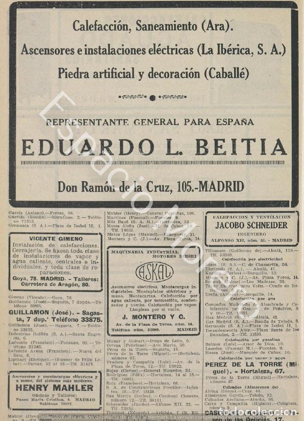 Collezionismo: Publicidad de 1930 Madrid: Representante Eduardo L. Beitia. Maquinaria Askal. Ascensores Henry Mahle